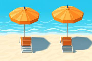 Obraz premium An overhead illustration showcasing a beach scene with chairs and an umbrella, capturing the essence of a summer vacation