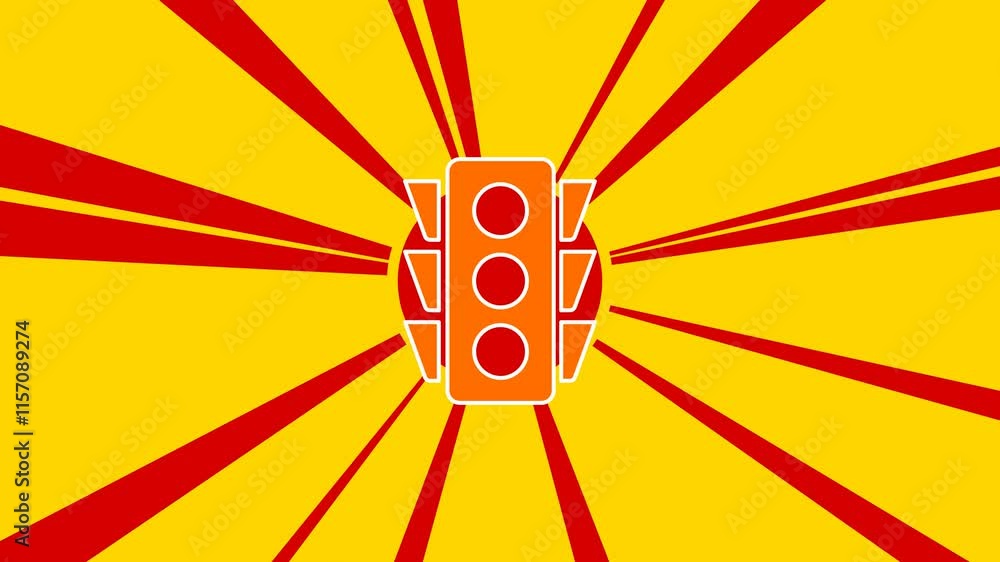 Poster traffic lights symbol on the background of animation from moving rays of the sun. large orange symbo
