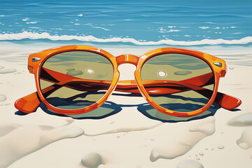 A colourful illustration of a pair of sunglasses on a beach shore 