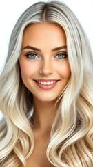 Naklejka premium AI-generated woman portrait with perfect white teeth, wavy blond hair, natural makeup, fresh healthy skin, happy attractive young female model 