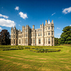Obraz premium A majestic Tudor-style mansion with intricate brickwork and a symmetrical facade, surrounded by manicured lawns and topiaries