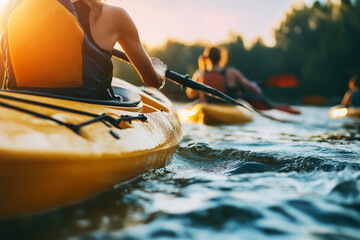 A group of kayakers navigating the crystal-clear blue waters on a bright, sunny day, embracing the thrill of adventure sports and summer outdoor fun