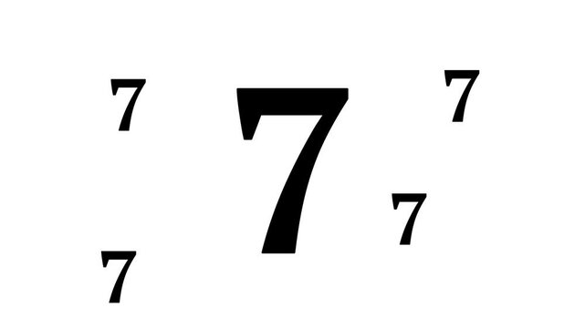 Zoom in and out animation the number seven symbol. Large black symbol in the center and four small symbols around. Seamless looped 4k animation on white background