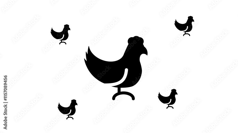 Poster zoom in and out animation the chicken symbol. large black symbol in the center and four small symbol