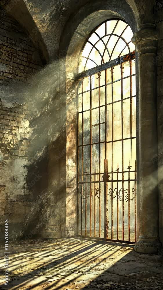 Aufkleber light streaming through a rusty gate in an abandoned building with exposed brick walls