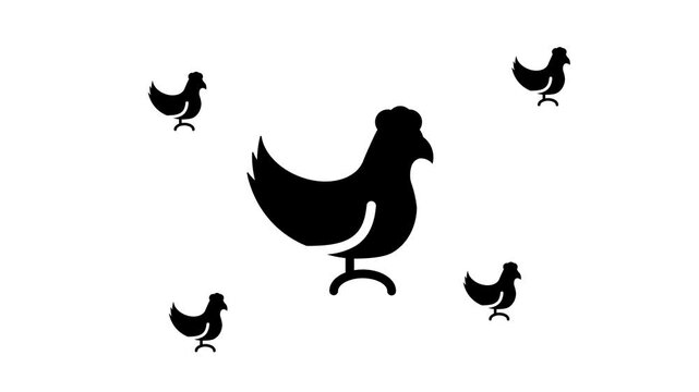 Zoom in and out animation the chicken symbol. Large black symbol in the center and four small symbols around. Seamless looped 4k animation on white background