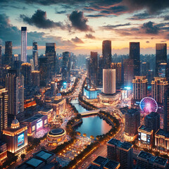 Obraz premium A sprawling cityscape illuminated by vibrant lights at twilight, with skyscrapers reflecting in the river