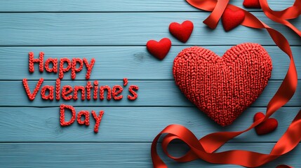 Happy valentine and hearts special. Happy Valentine's Day with red hearts and ribbons on a blue wooden background.