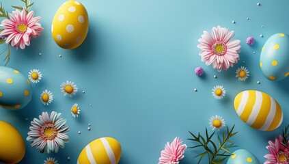 Vibrant display of colorful Easter eggs and bright flowers on a serene blue background showcasing a playful festive arrangement