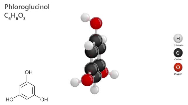 Phloroglucinol. Antispasmodic. Animated 3D model of a molecule. Molecular formula: C6H6O3. Chemical model: Ball and stick. White background. 3D rendering. Seamless loop.