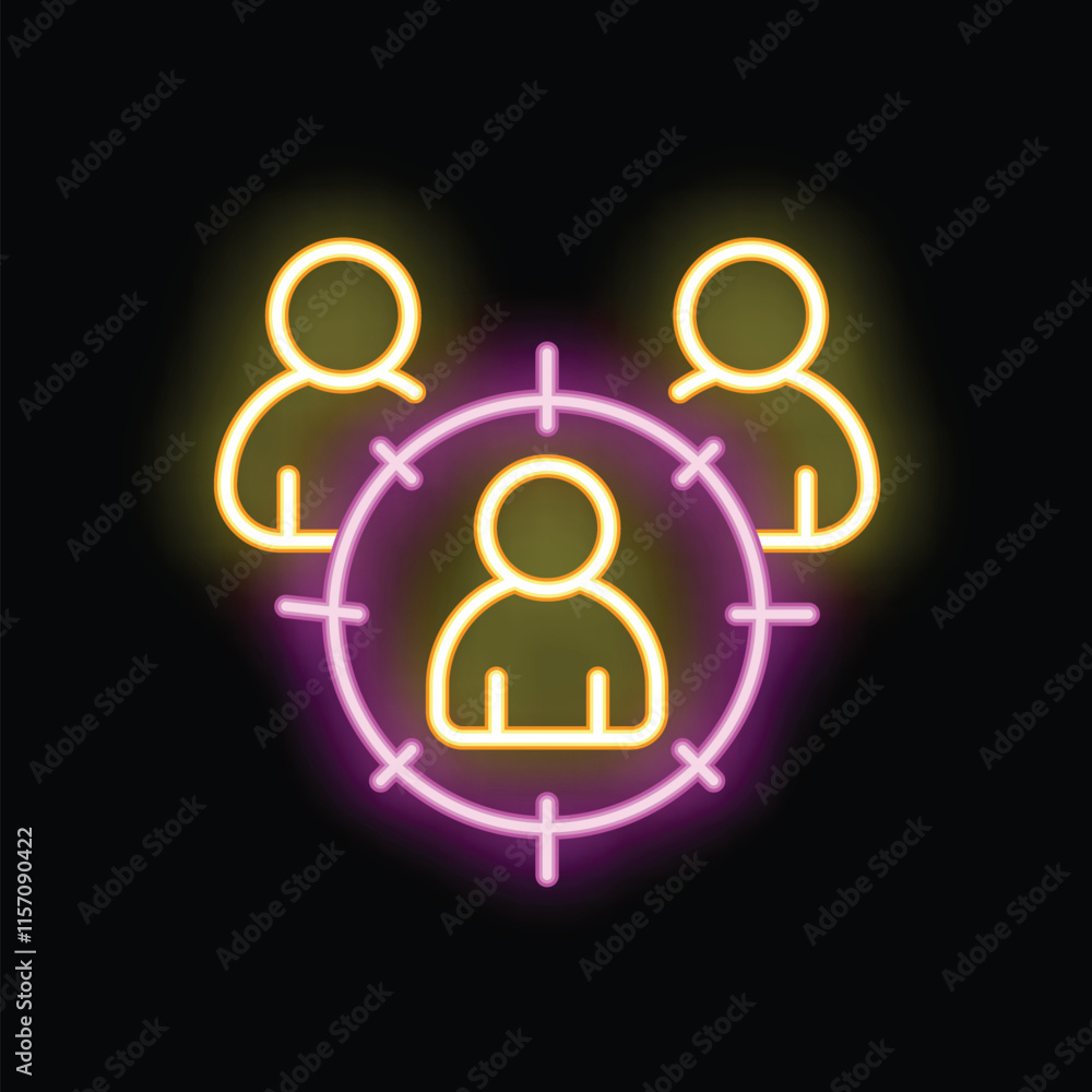 Aufkleber neon icon of three people icons and one is highlighted by a targeting reticle representing head hunt