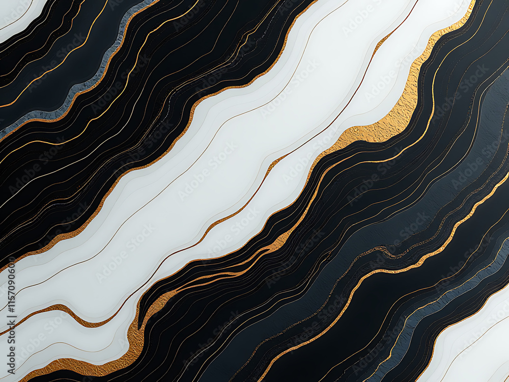 Aufkleber Marble Texture Background With Black White And Gold Veins Created Using An Artificial Intelligence Generative Design Method. 00001
