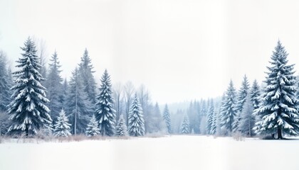Snowy winter forest landscape. Coniferous trees covered in fresh snow. Tranquil scene with serene atmosphere. Frozen beauty of cold winter day. Peaceful, idyllic scene. Nature winter wonderland.
