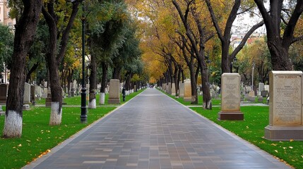 Obraz premium Cemetery features long rows of tombstones and colorful autumn trees, with new poems engraved on marble markers against a clear sky