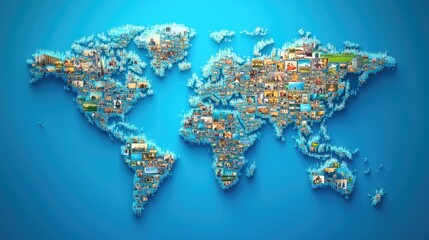 Global landmarks forming a world map on a blue background. Global Family Day