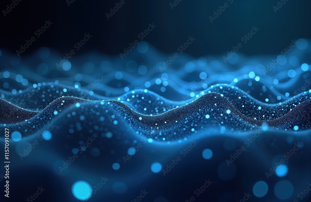 Poster Abstract digital landscape with glowing blue mesh. Wavy patterns of shimmering dots, lines create futuristic, tech background. Suggests dynamic motion, data flow. Modern graphic design suitable for