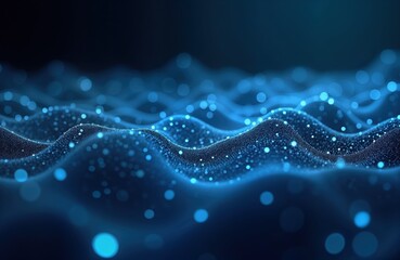 Abstract digital landscape with glowing blue mesh. Wavy patterns of shimmering dots, lines create futuristic, tech background. Suggests dynamic motion, data flow. Modern graphic design suitable for