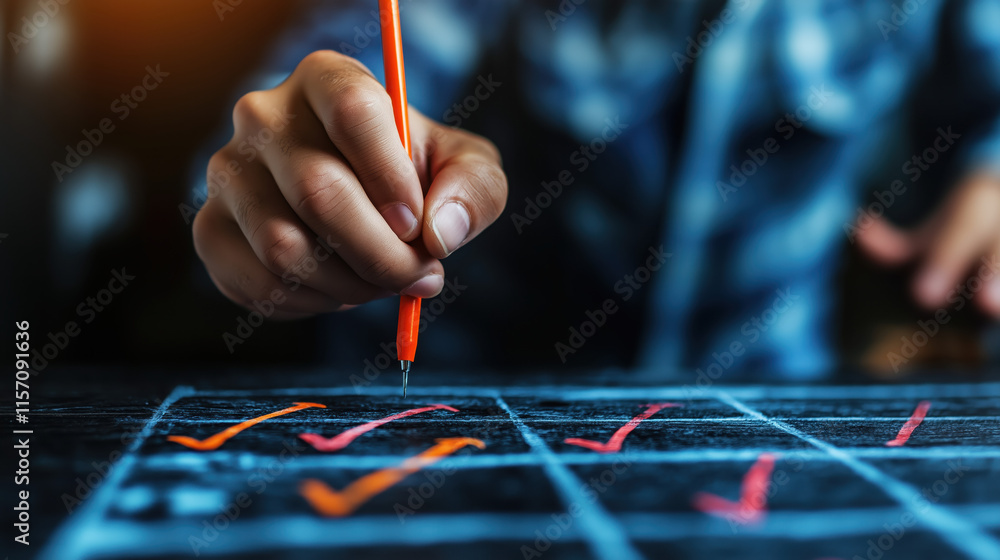 Poster a hand using an orange pen marks checkboxes on a dark surface, indicating tasks or goals being compl