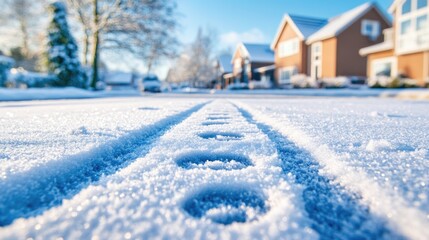 Snow-covered neighborhood street with tire tracks on a sunny winter morning. First-Foot Day