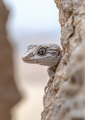 Obraz premium A small lizard is peeking out from behind a rock