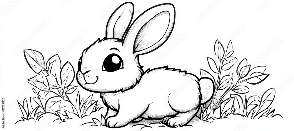 Poster vector style black and white coloring page featuring a simple contour outline of a rabbit