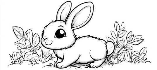Vector style black and white coloring page featuring a simple contour outline of a rabbit © Ilja