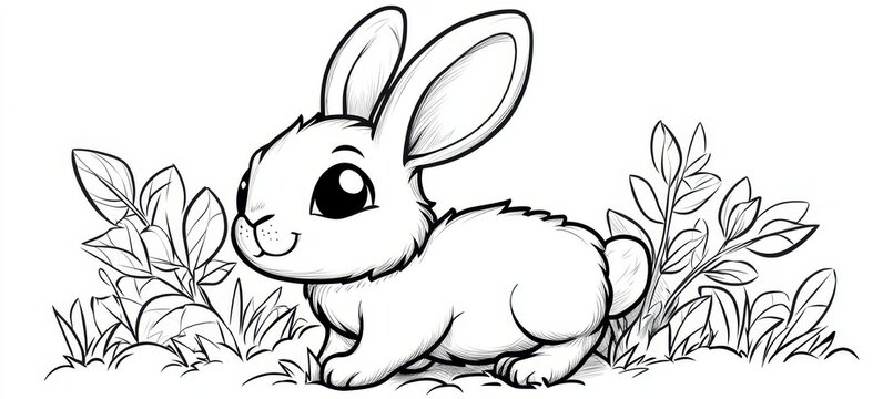 Vector style black and white coloring page featuring a simple contour outline of a rabbit