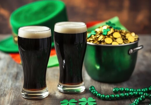 Two glasses of stout beer on wooden table with festive decorations, shamrocks, and a pot of gold coins for St. Patrick's Day celebration