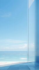Minimalist scene of a wall with vertical glass panels, set against an endless sea background, emphasizing the simplicity and elegance of clean lines, creating a serene atmosphere for product displays
