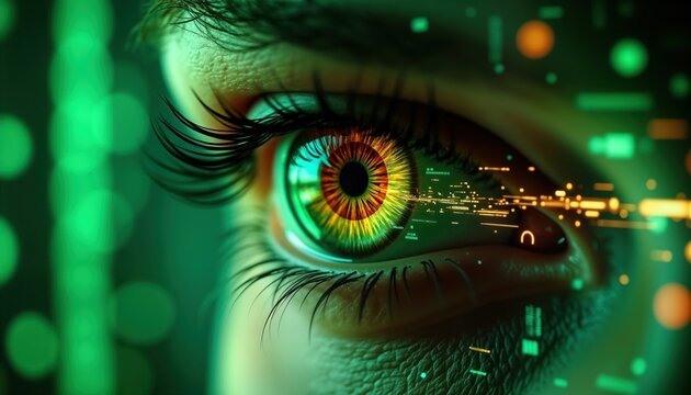 Close-up human eye on green tech background. Digital data pattern reflects in iris. Futuristic concept of cyber security, technology. Eye details, tech pattern highlight innovation. Eye future tech