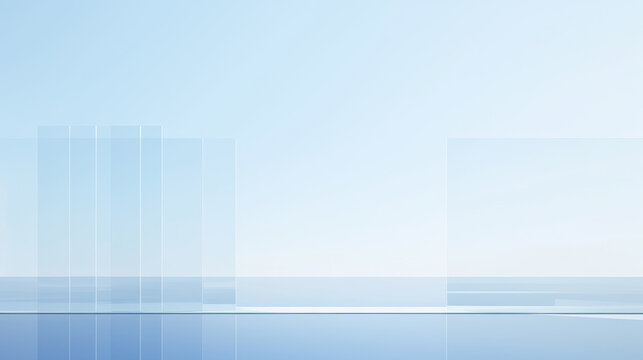 Minimalist scene of a white wall with vertical glass panels, reflecting light on the calm water surface below, creating an illusion of floating in mid-air.