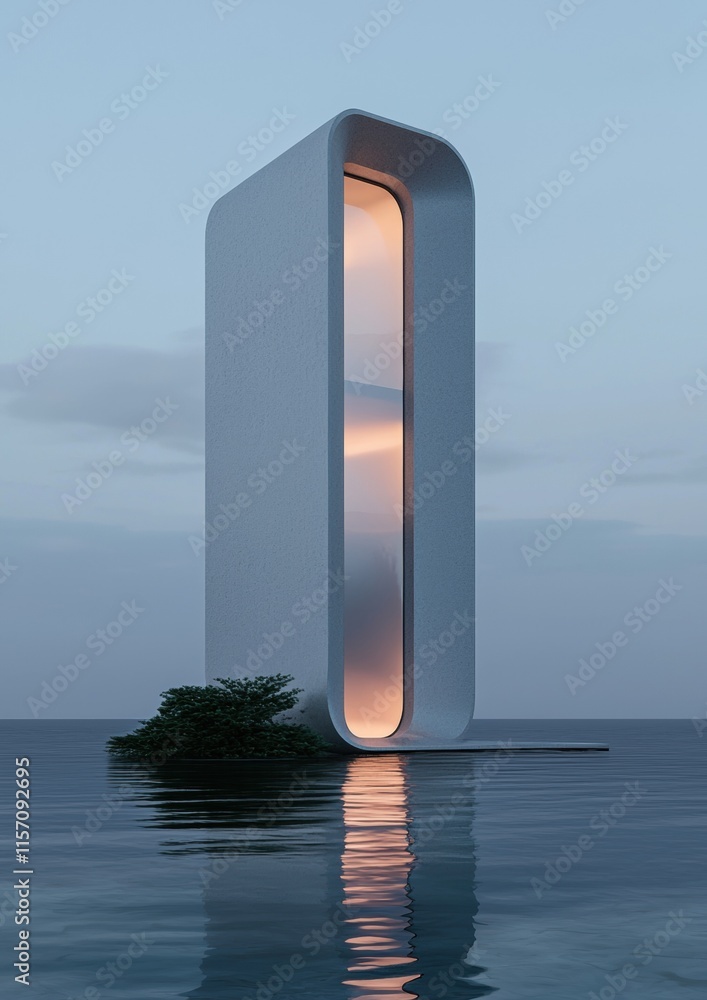 Poster a tall white building with a window on the side is floating in the water