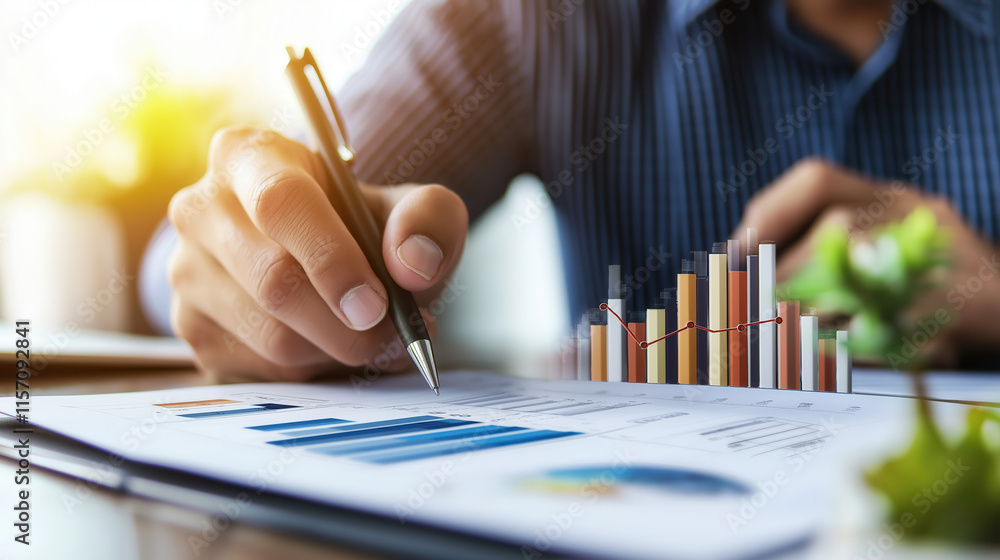 Poster a person analyzes financial graphs and charts, using a pen to mark insights, with a focus on data-dr