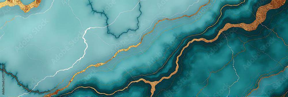 Poster Marble Background With Turquoise And Gold Veins Created Using An Artificial Intelligence Generative Process To Mimic Natural Texture. 00001