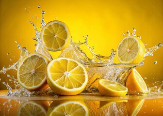 Vibrant Yellow Splash: Lemon Slices Dropped in Water