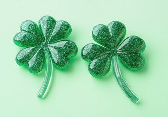 Two Sparkling Green Shamrock Decorations on a Soft Green Background Perfect for Celebrating St. Patrick's Day and Adding Festive Charm to Your Events and Activities