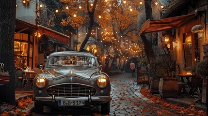 Fototapeta premium A vintage car parked on an old cobblestone street, surrounded by trees with orange leaves and lights hanging from the branches above. with a restaurant in front of which there is outdoor seating.