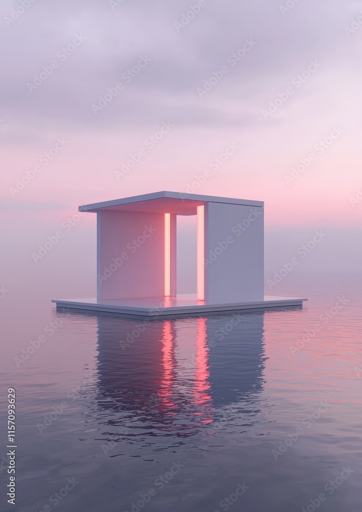 Poster a white building with a red light on top of it is floating on the water