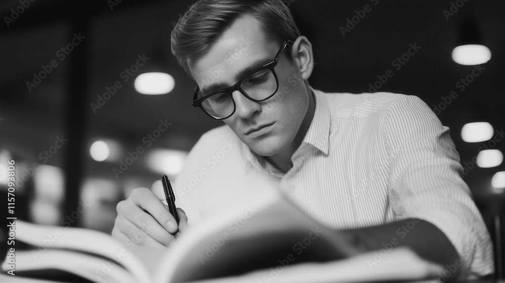 Poster a focused young man writes in a notebook while studying in a dimly lit environment, showcasing conce