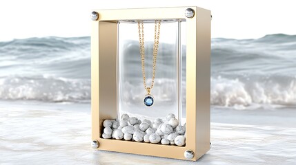 Elegant Gold Necklace Display  Ocean Background  White Marble