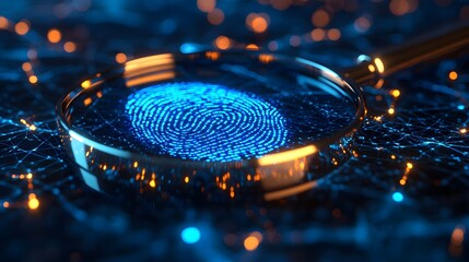 Futuristic cybersecurity visualization showing digital fingerprint scan under magnifying glass, featuring holographic technology elements and network connections in a cool blue color scheme.