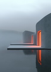 A row of buildings with orange doors sit on a pier next to a body of water