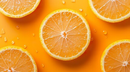 Fototapeta premium Fresh orange slices on a vibrant orange background, showcasing their juicy texture and bright color.