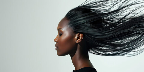 Fototapeta premium Profile Portrait of Woman with Flowing Black Hair