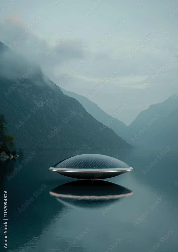Poster a large, round object is floating on the surface of a lake