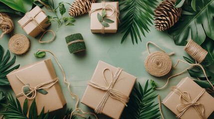  Stylish Flat Lay of Eco-Friendly Packaging Featuring Paper Wraps, Reusable Boxes, and Recycled Materials for Sustainable Shipping Promotion