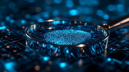 Futuristic cybersecurity visualization showing digital fingerprint scan under magnifying glass, featuring holographic technology elements and network connections in a cool blue color scheme.