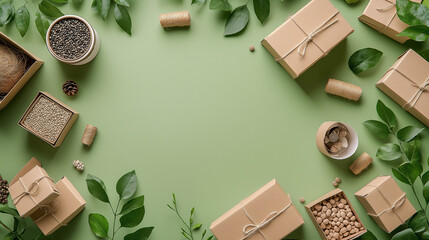  Stylish Flat Lay of Eco-Friendly Packaging Featuring Paper Wraps, Reusable Boxes, and Recycled Materials for Sustainable Shipping Promotion