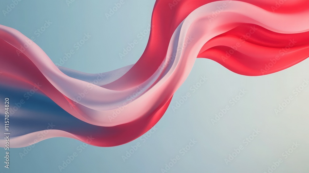 Poster flowing fabric in red and blue hues creating a dynamic and vibrant display against a light backgroun