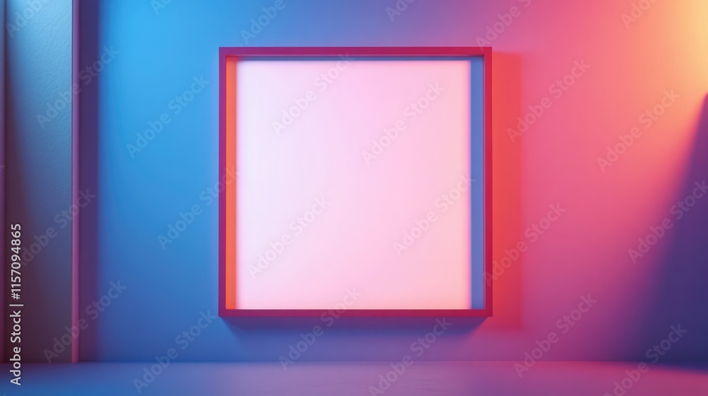 Poster contemporary art display setup in vibrant blue and red lighting with an empty square frame